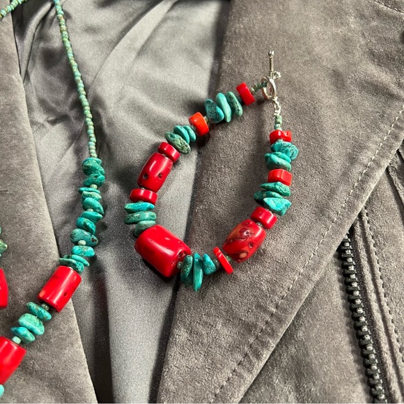 Real Turquoise Red Coral Necklace Bracelet Earring 3 pc set blue green handmade - Picture 6 of 16